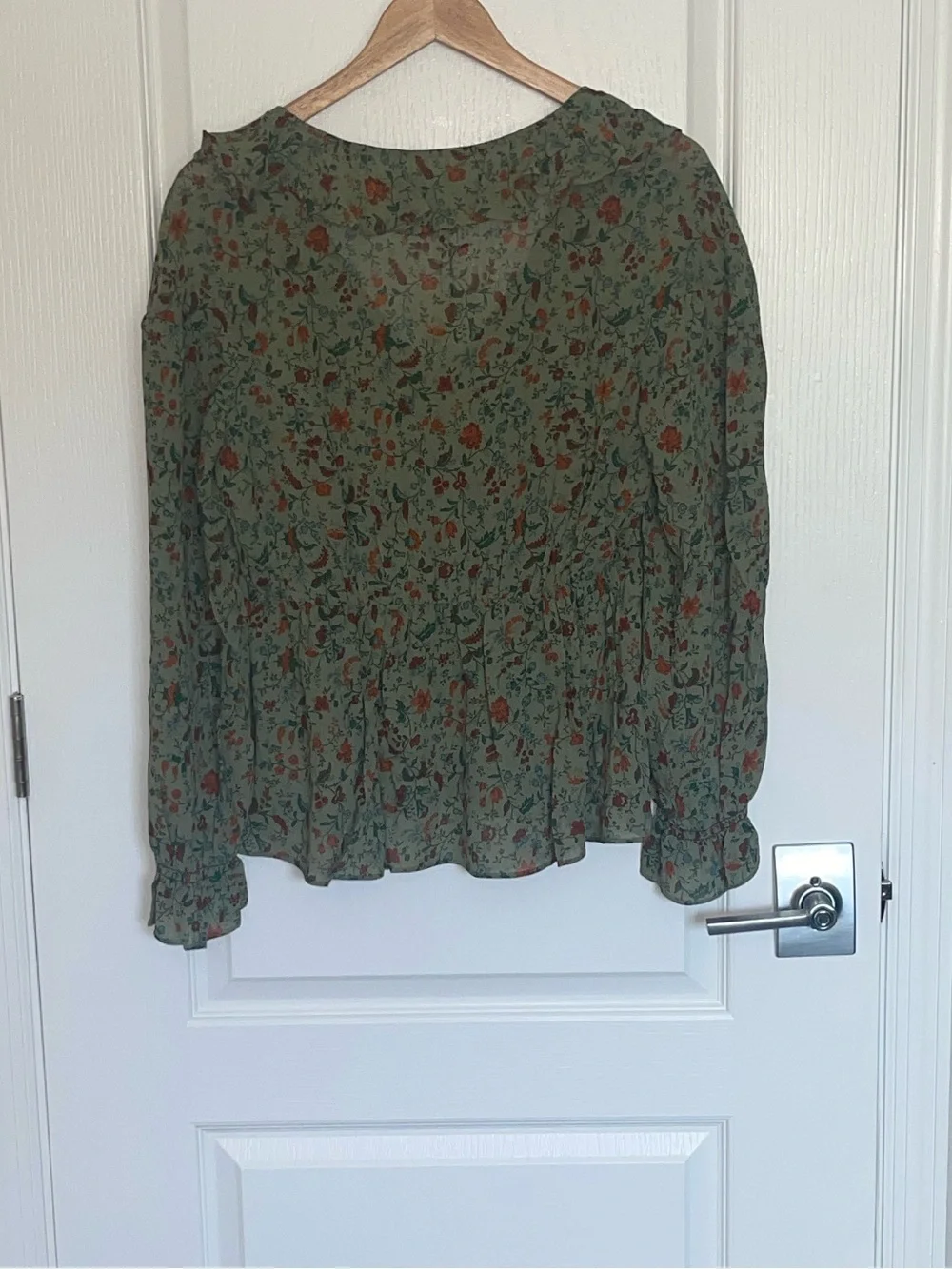 NEW REFORMATION Wyn Top PONDEROSA Green Floral Ruffle TieNeck Blouse Puff Sleeve